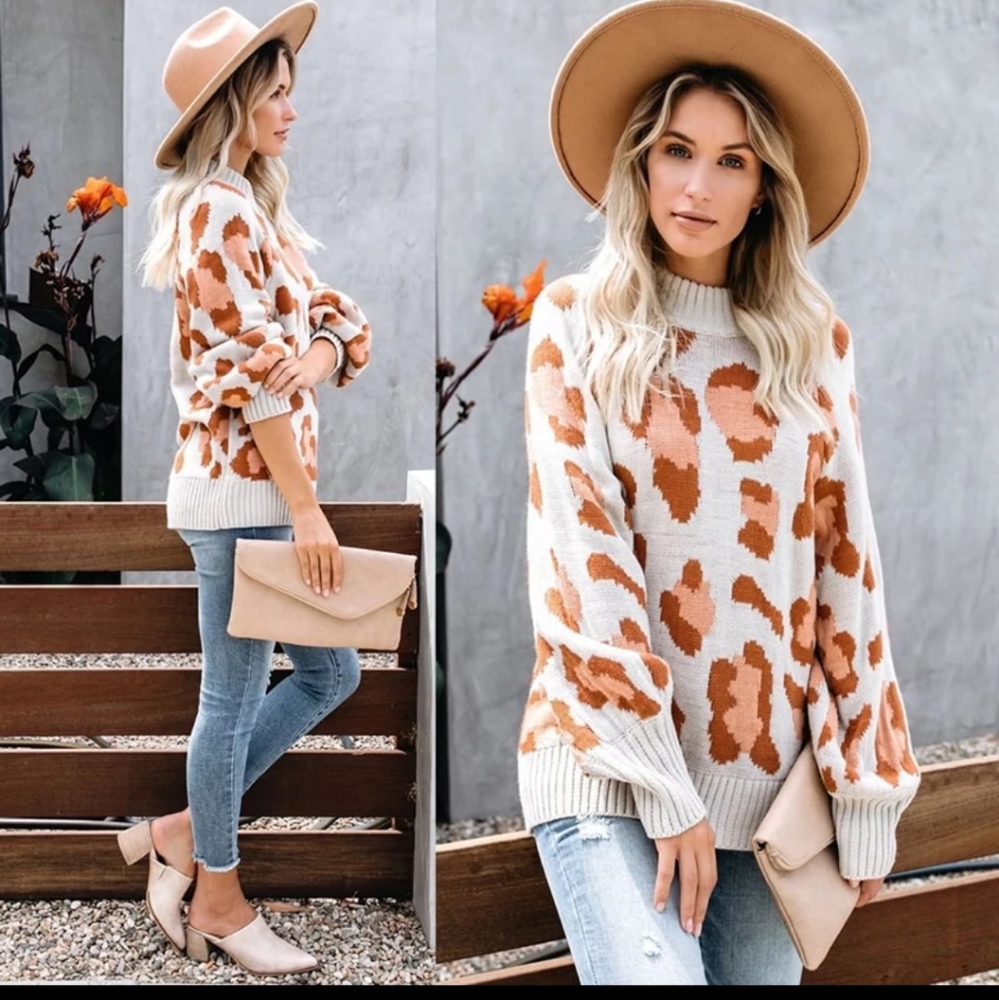 Leopard Print Sweater Women Long Sleeve Knit Top